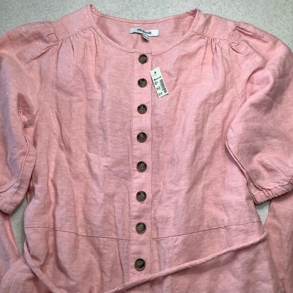 Madewell Linen-Blend Jumpsuit XS Puff-Sleeve Tassel-Tie Pink NWT - Picture 4 of 10